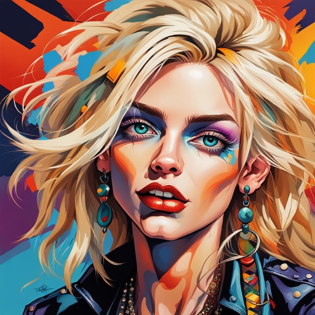 Wild Blonde Rocker Lady Caricature in Modern Art Style