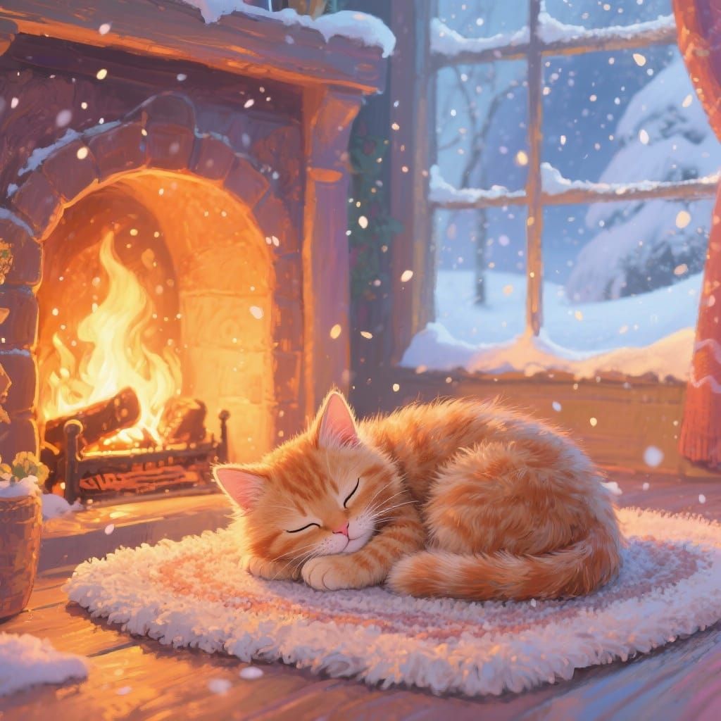 Cozy Kitten Sleeping by Warm Fireplace with Gentle Snowfall