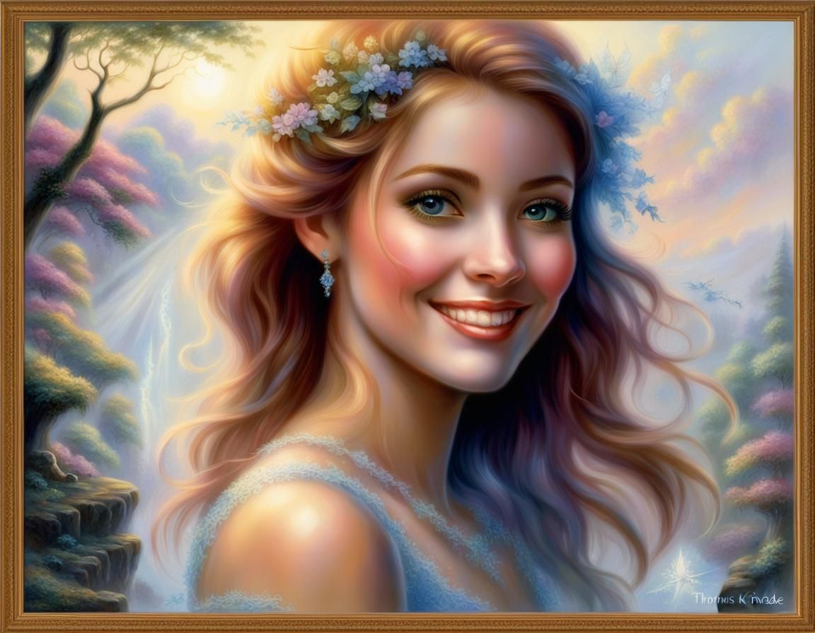 Ethereal Portrait of Smiling Woman in Kinkade Style