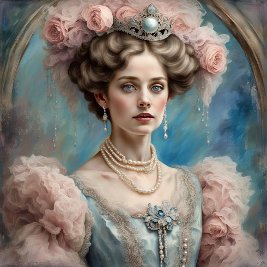 Victorian Woman with Pearls in Impasto Oil Style