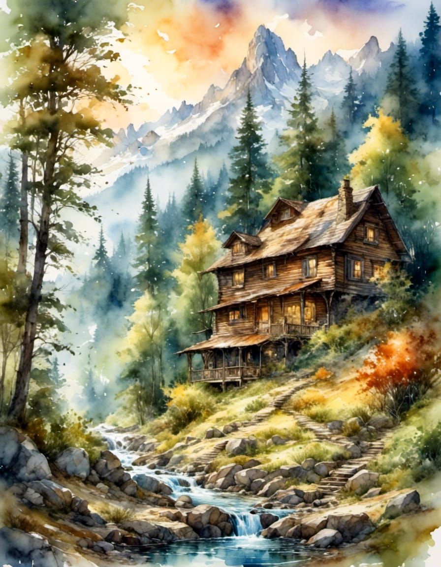 Cabin in Woods: Watercolor Matte Painting in Art Nouveau Sty...