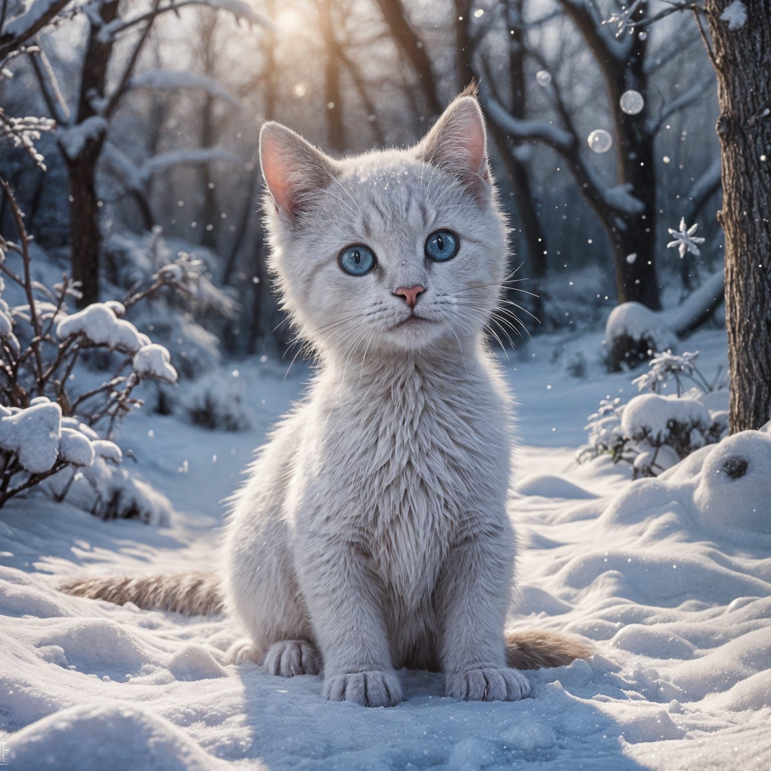 White Kitten in Snow, Detailed Matte Painting