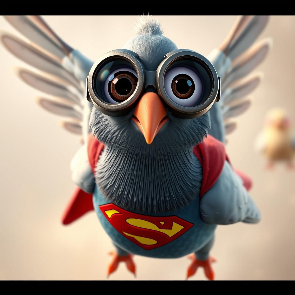 A highly detailed 3D render of a funny pigeon wearing Superm...