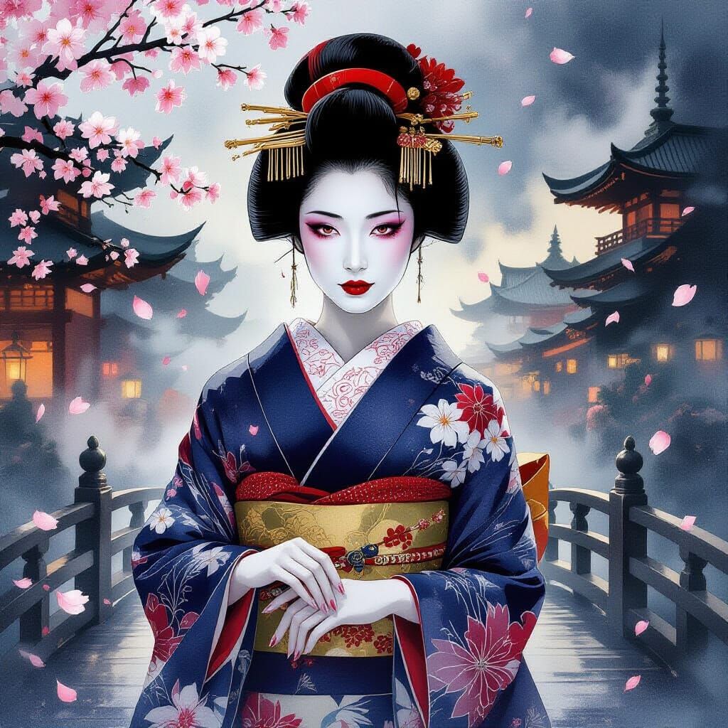 Elegant Geisha Movie Poster with Crimson Lips