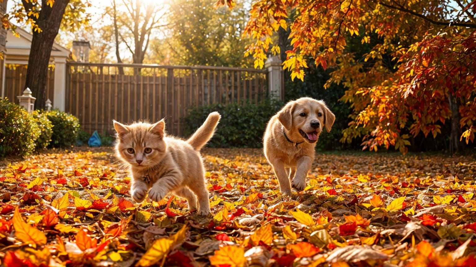 Kitten and Puppy Play in Autumn Backyard