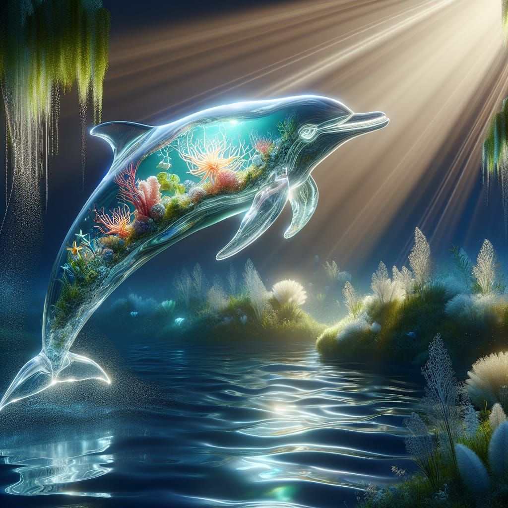 Glass Dolphin Leaping Over Shimmering Lake