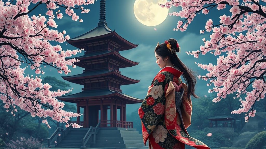 Samurai and Geisha Kiss in Moonlit Cherry Blossom Garden
