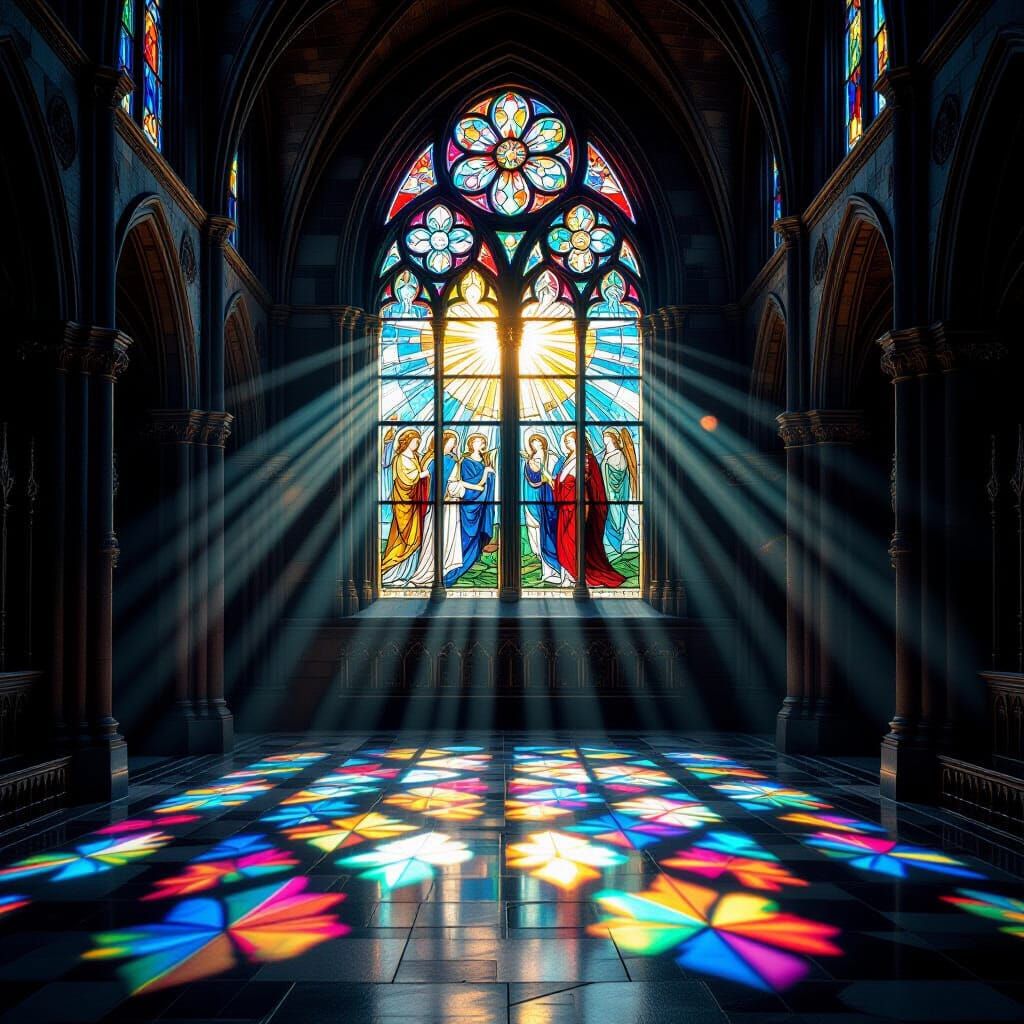Cathedral Stained Glass Window with Celestial Scene