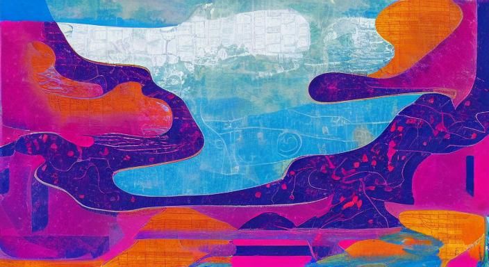 Abstract River Graphic Design in Mixed Media Collage Style