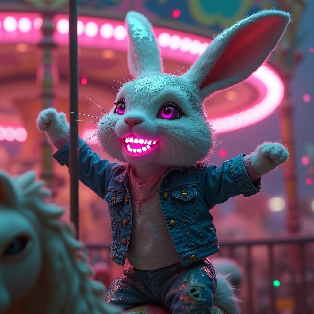 Cybernetic Bunny Laughing in Neon Carnival