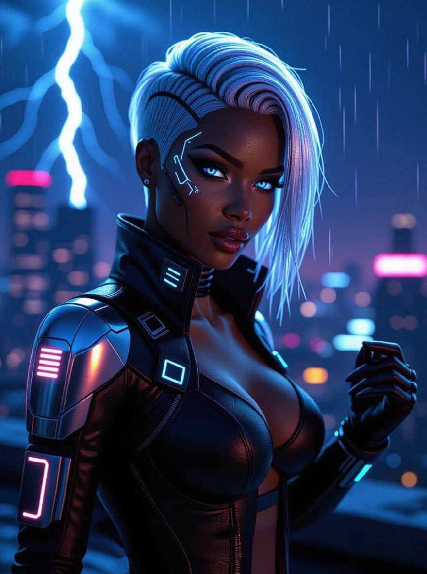 Cyberpunk Storm Goddess on Neon Rooftop