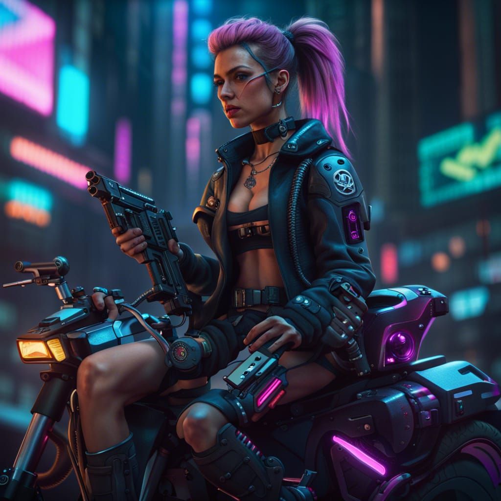 Cyberpunk Girl on Bike with Pistol