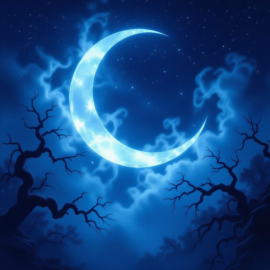 Mystical Crescent Moon Over Haunted Forest