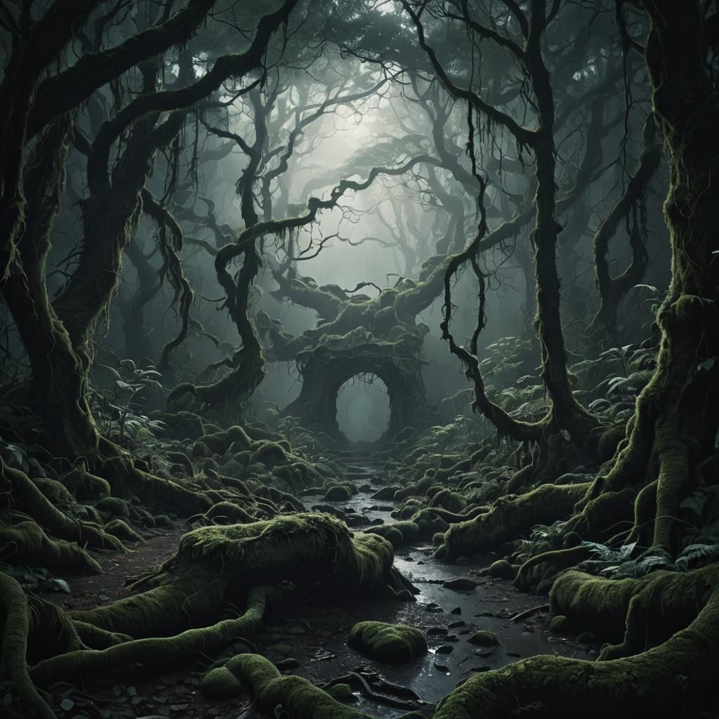 Misty Forest Passage to Cave: Impressionist Dreamscape