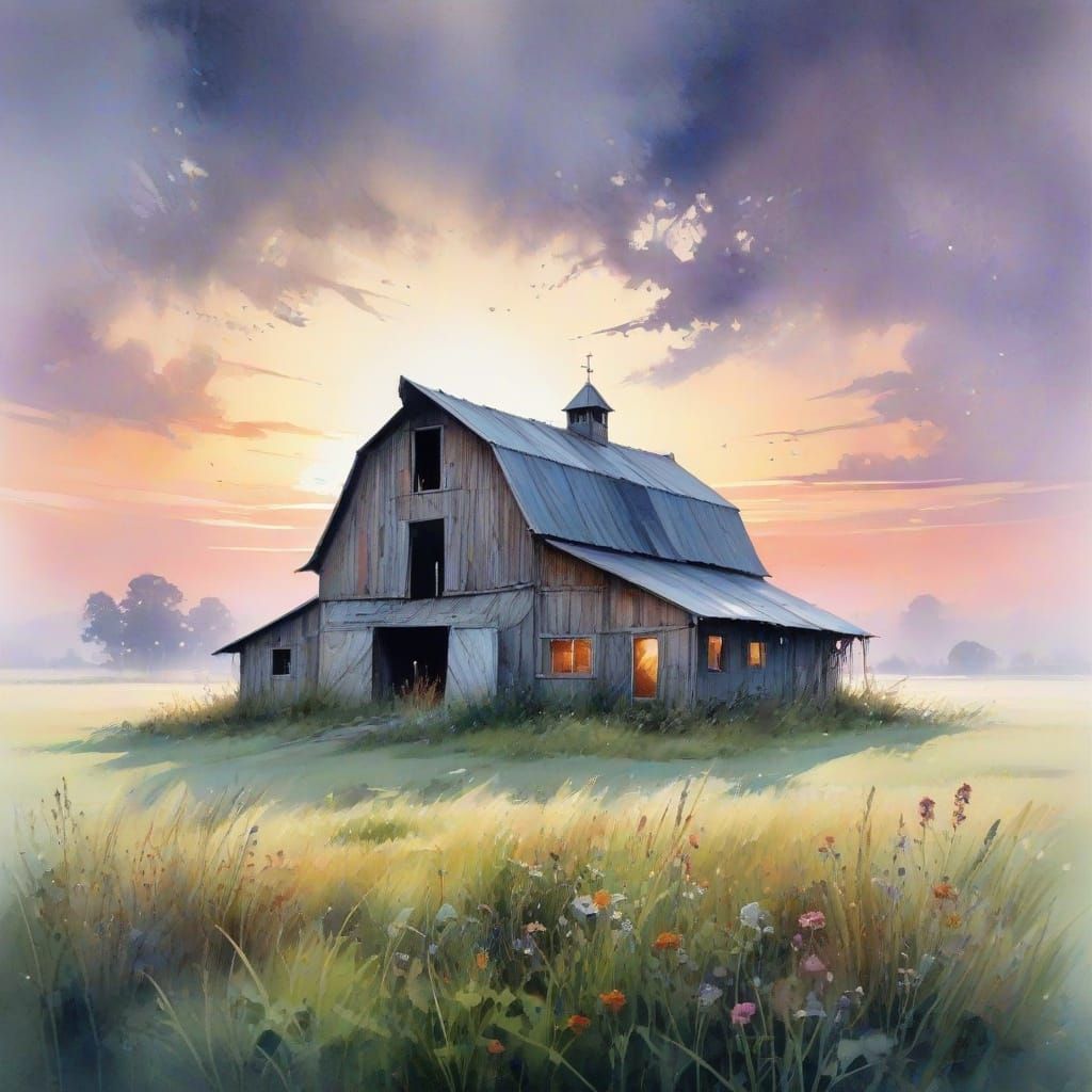 Misty Twilight Barn Scene in Expressive Watercolour Style