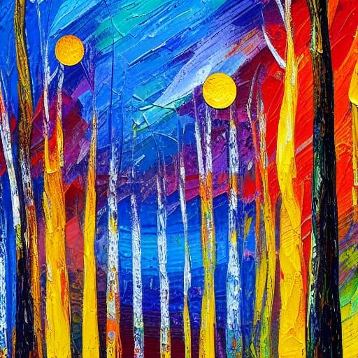 Moons Behind Bark in Expressionist Oil Painting