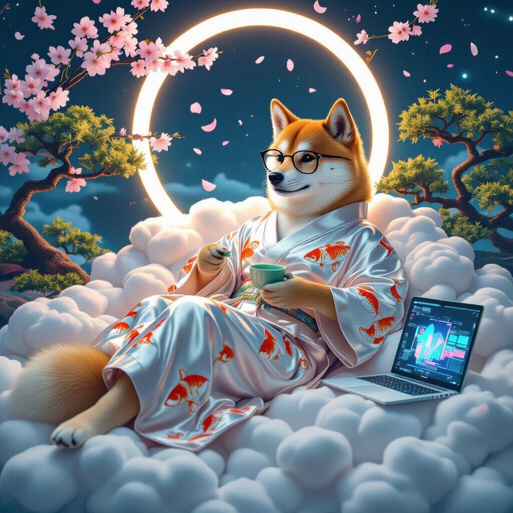 Shiba Inu Influencer Lounging in Space, Syd Mead Style