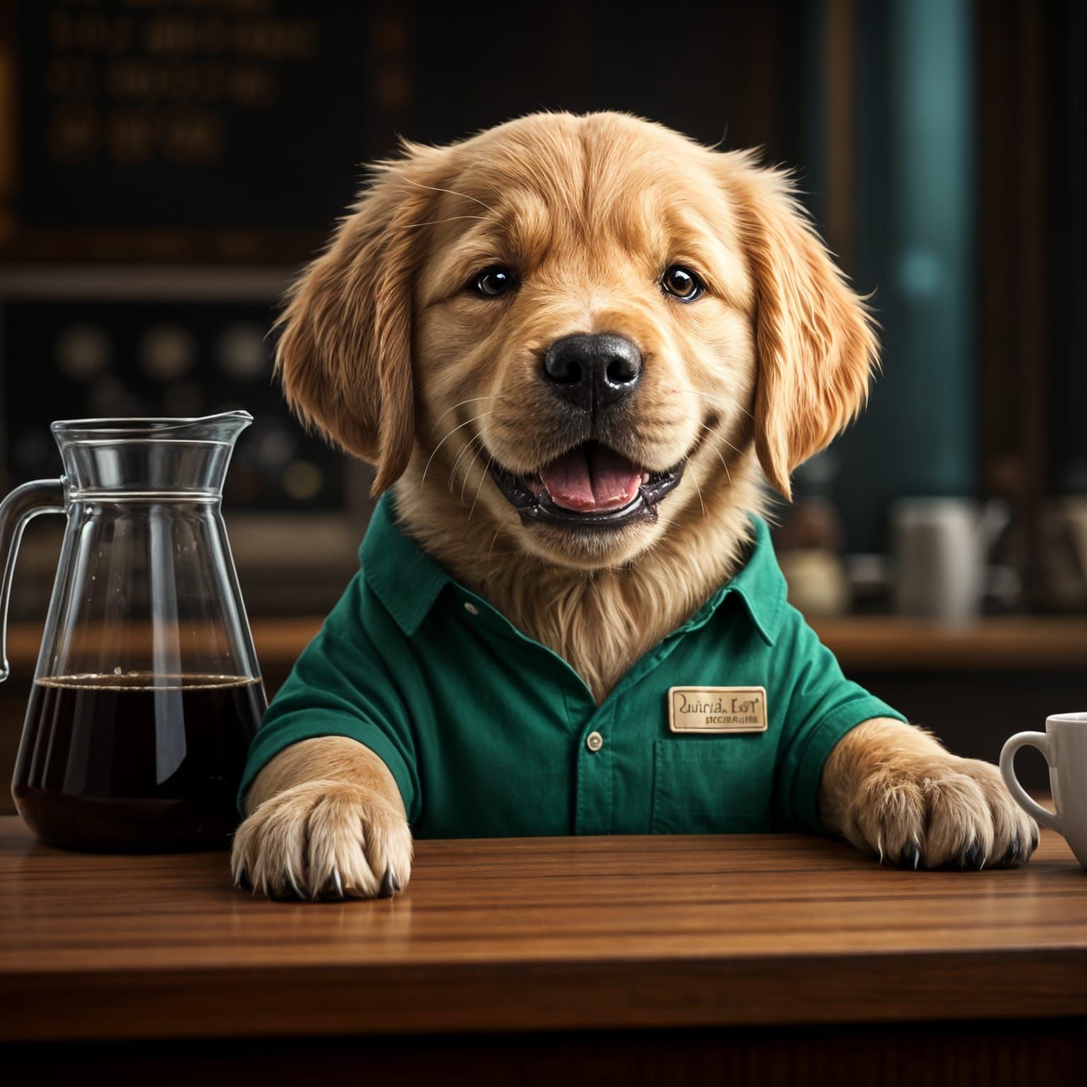 Golden Retriever Barista in a Whimsical Cafe
