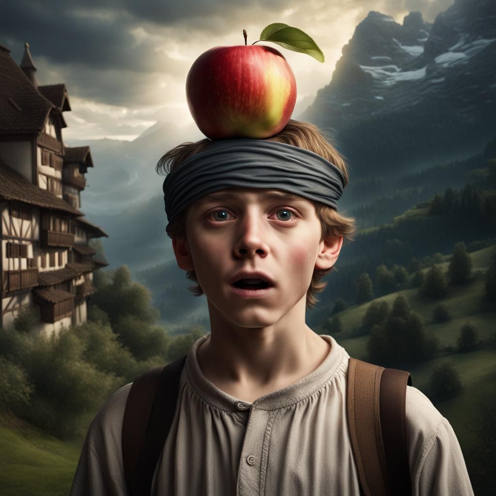 Scared Swiss Boy with Apple: Cinematic Digital Art