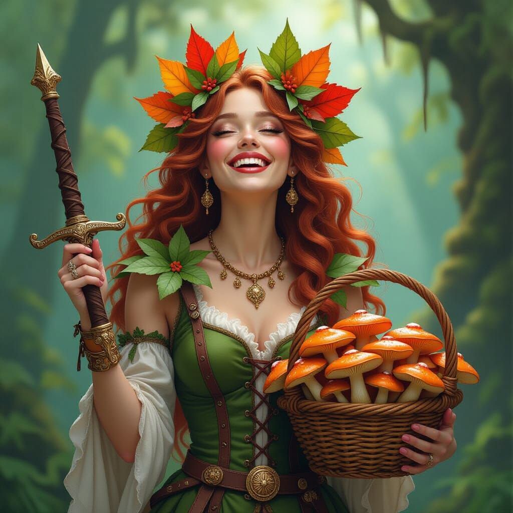 Mushroom Goddess with Basket and Sword