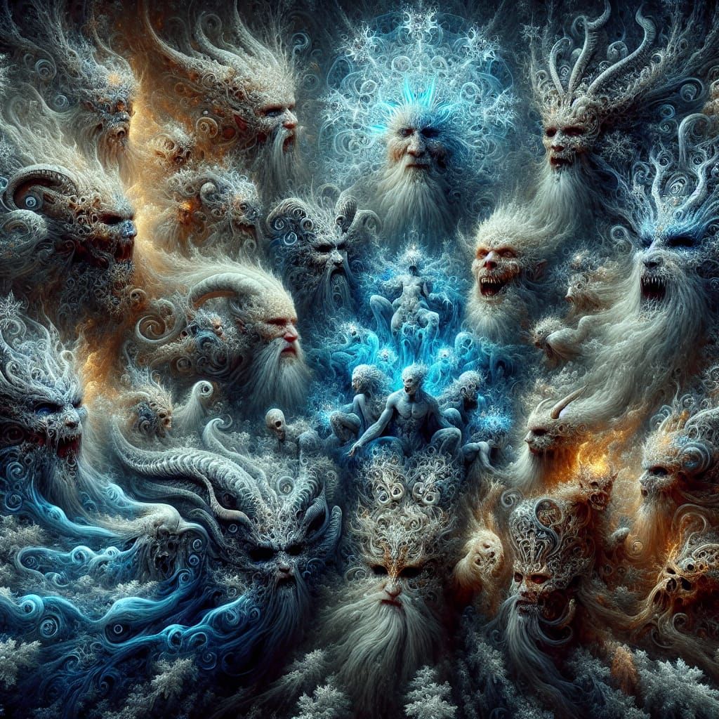 Surreal Gods and Demons in Frosty, Nightmarish Landscape