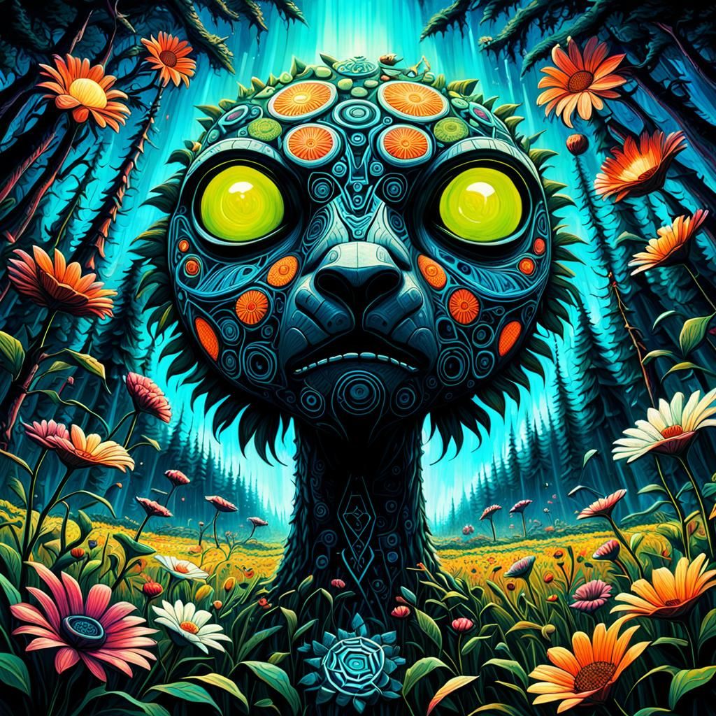 flowers field , traditional haida art, technocore, gothcore, biocybernetics, a dystopian image, studio quality detail, e...