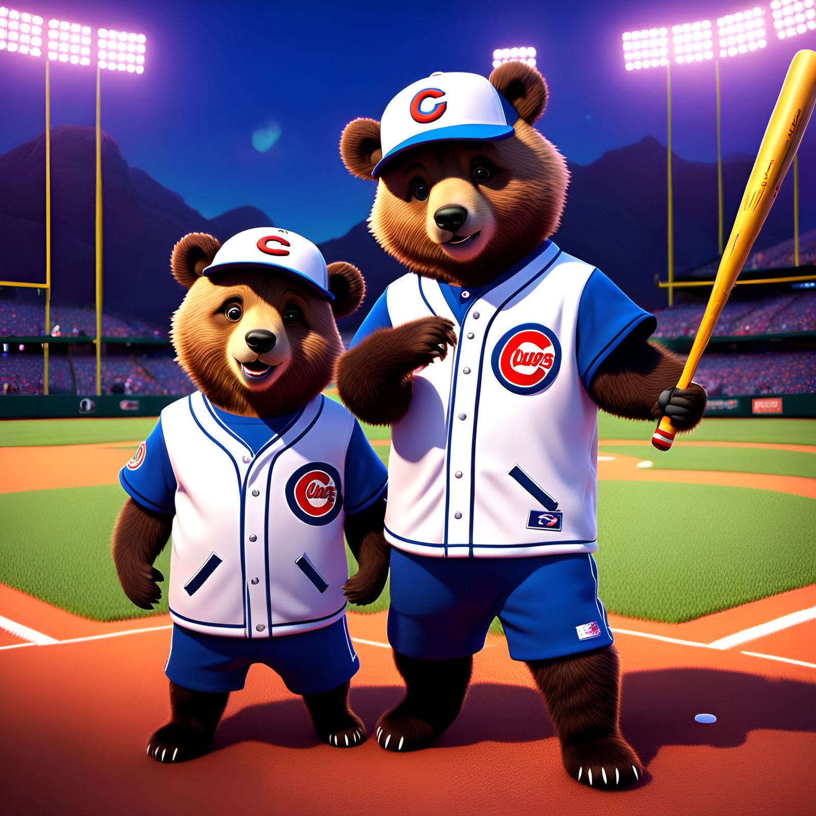 Grizzly Bear Cubs in Baseball Uniforms: 3D Digital Art