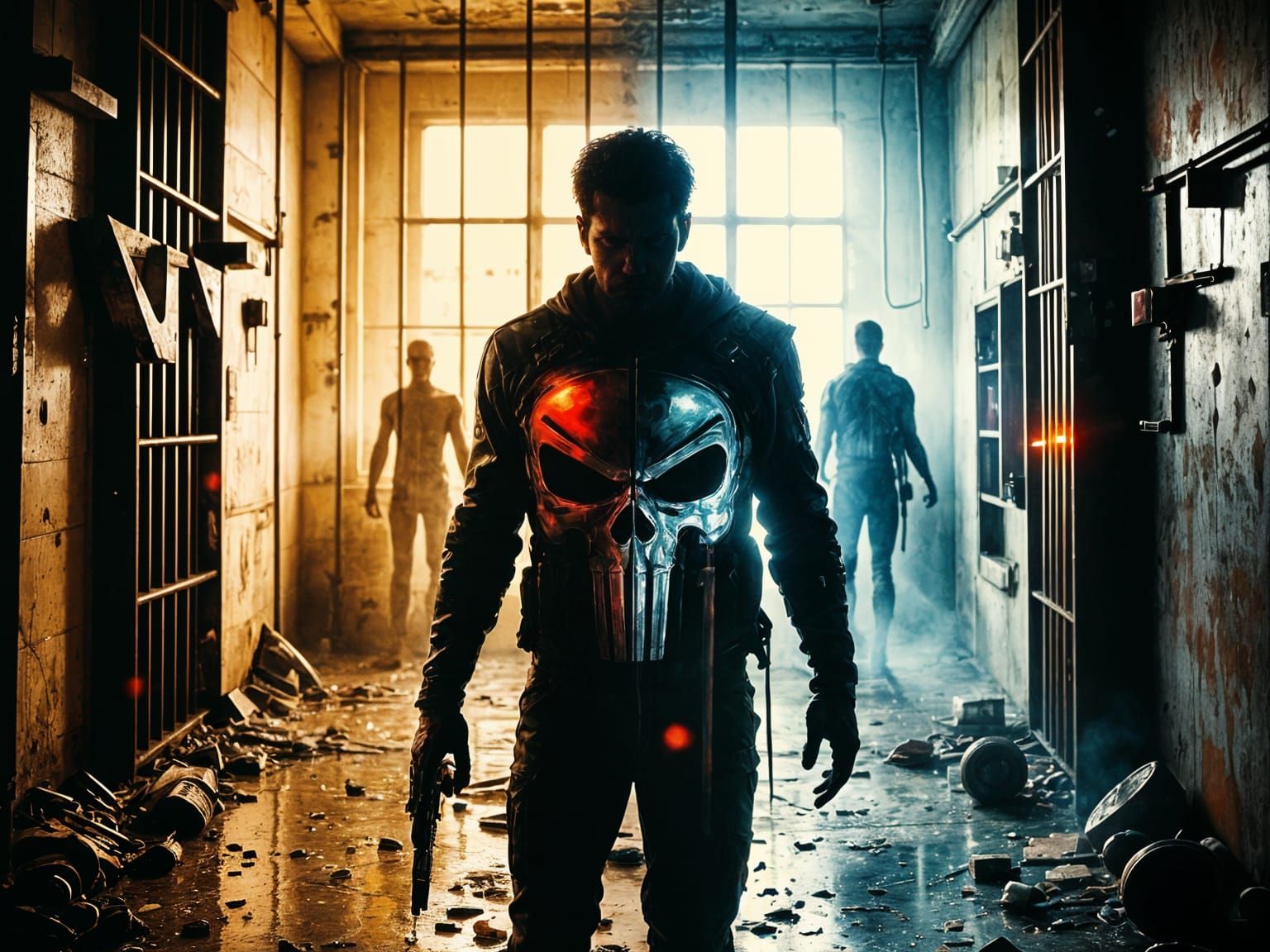 Punisher Silhouette Double Exposure in Neon Cell