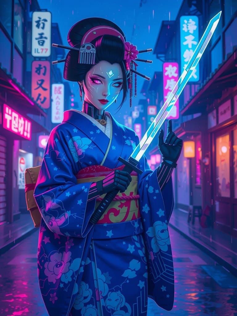 Cyberpunk Geisha with Energy Katana in Anime Style