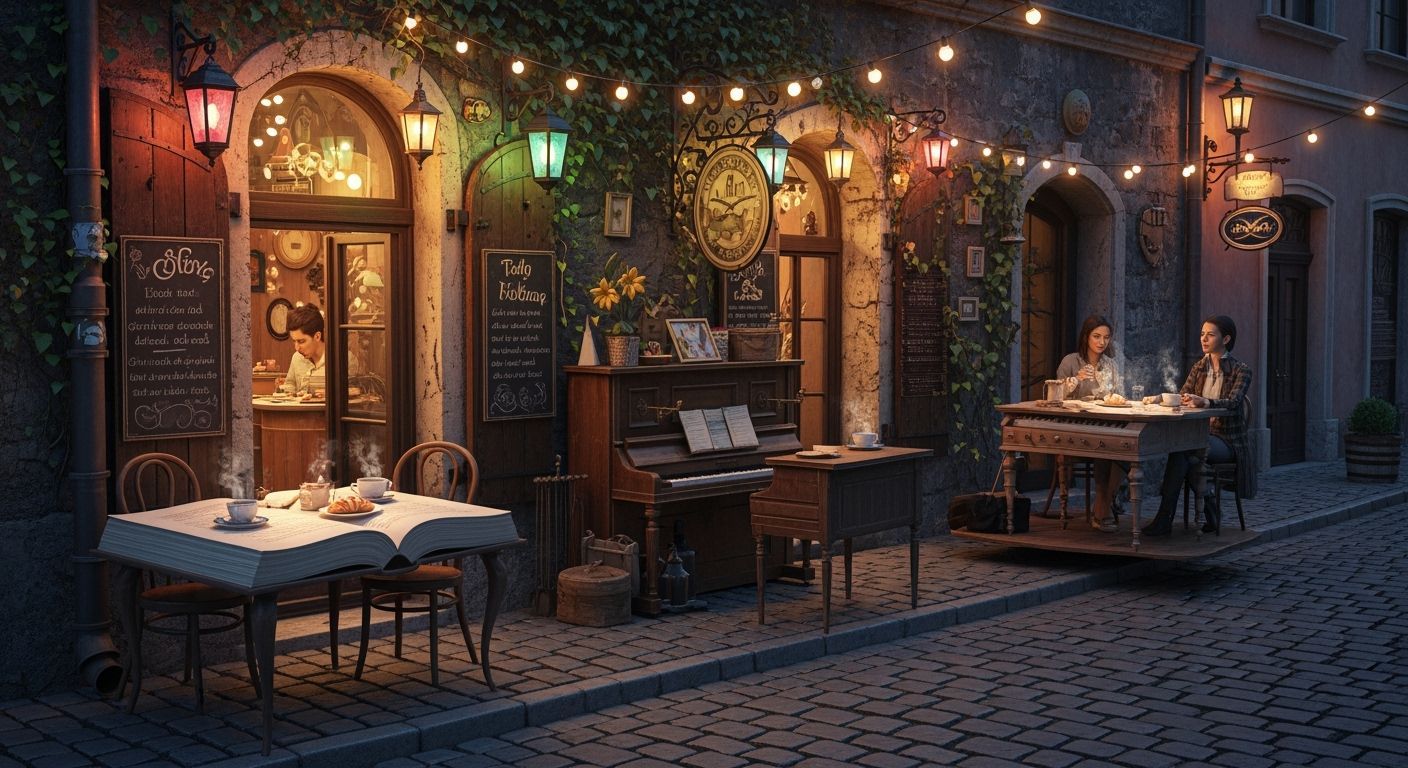Enchanting Krakow Cafe on Cobblestone Street with Fairy Ligh...