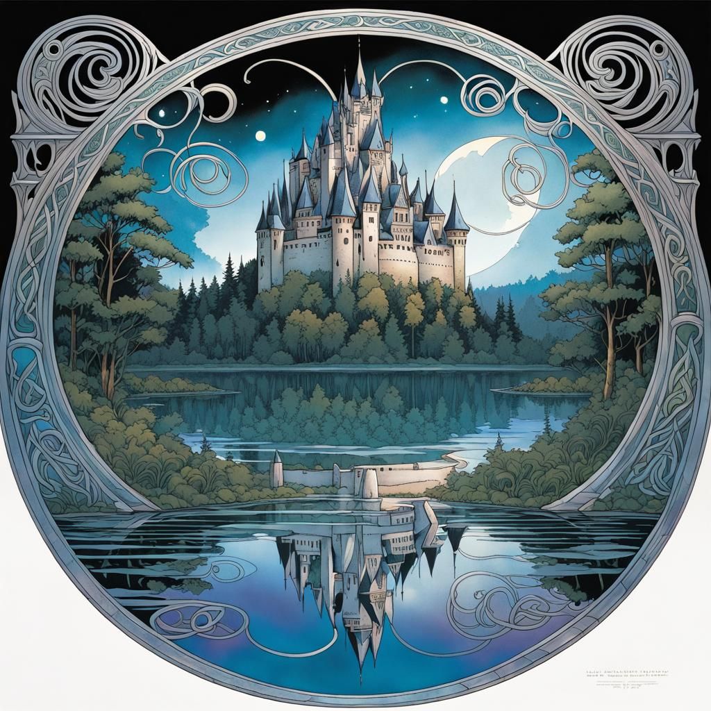 Fairytale Castle Reflected in Celtic Art Nouveau Style