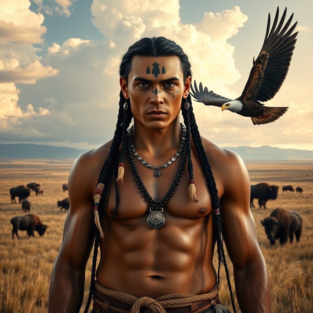 Native American Warrior Portrait in Digital Art Style