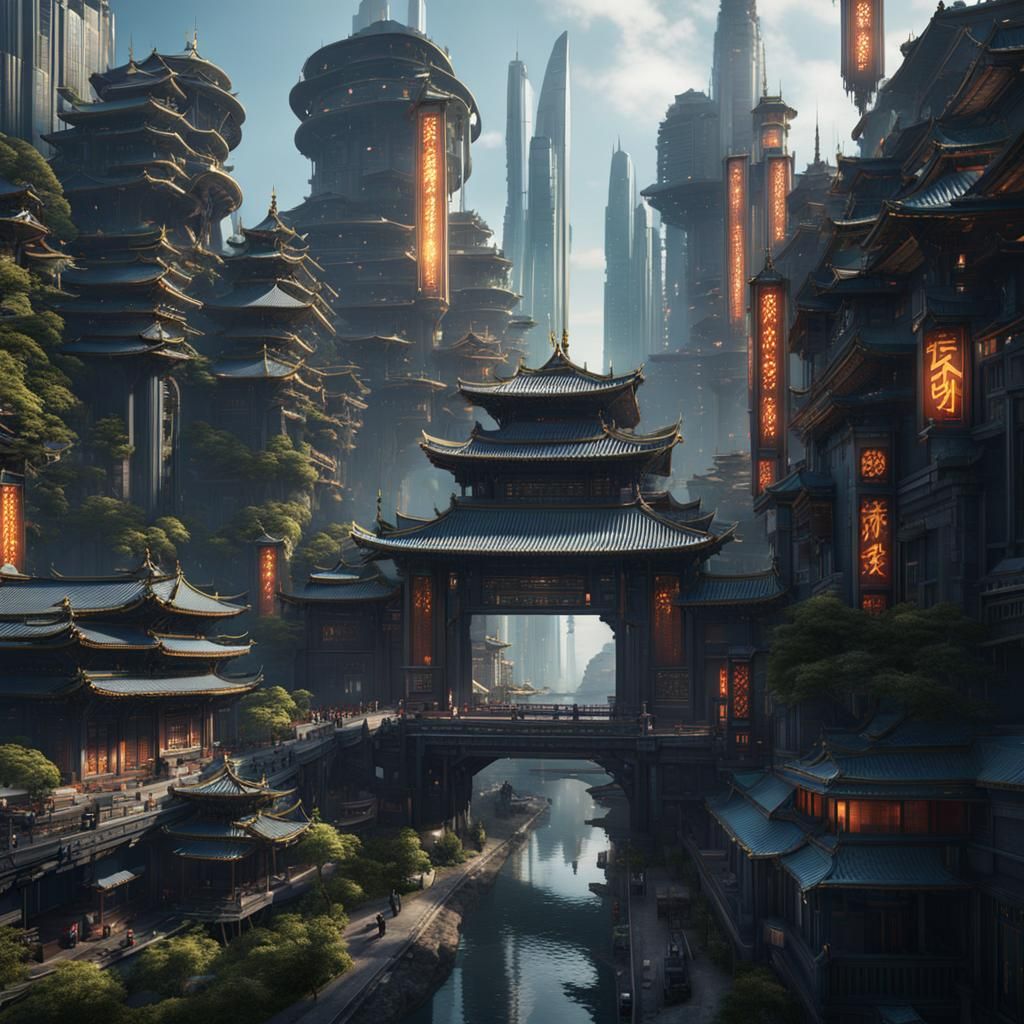 Futuristic Oriental Cityscape in Detailed Matte Painting