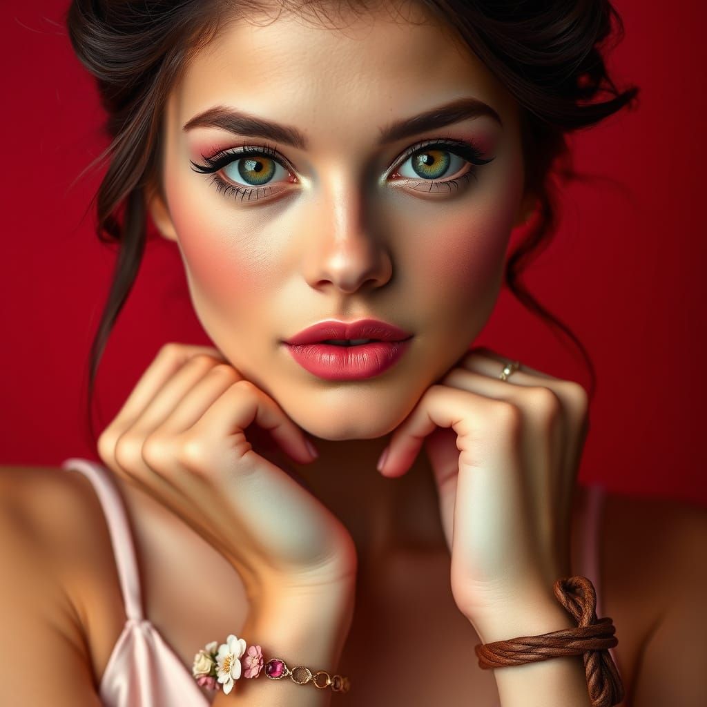 Glamorous Portrait of Woman with Green Eyes and Pink Makeup
