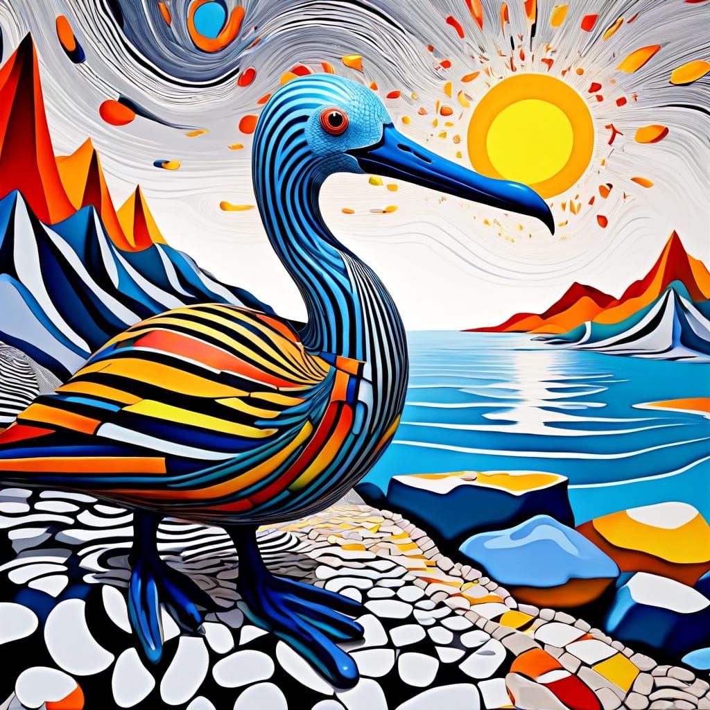 Vibrant Surrealist Landscape with Striped Avian Figure