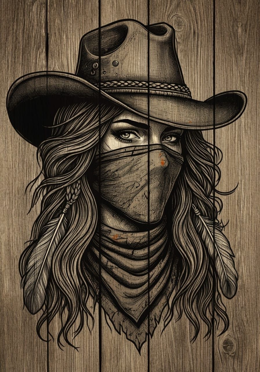 Vintage Outlaw Cowgirl in Etched Wood Style