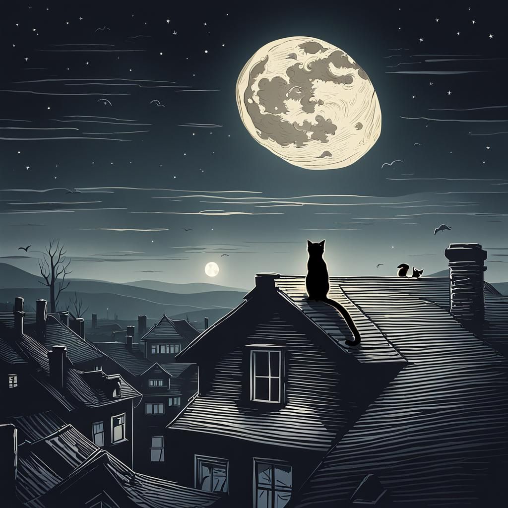 Cat Silhouette on Rooftop Under Full Moon
