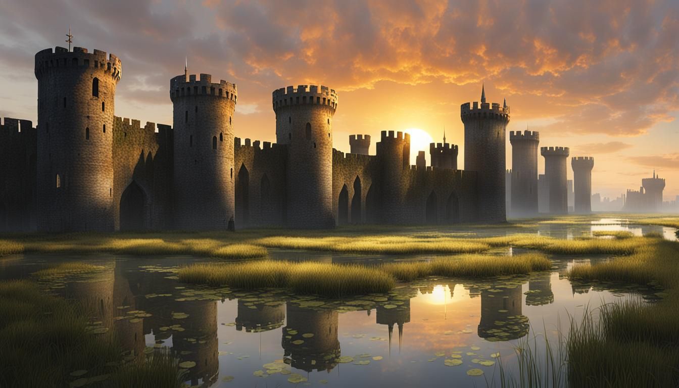 Medieval City in Swamp at Dawn