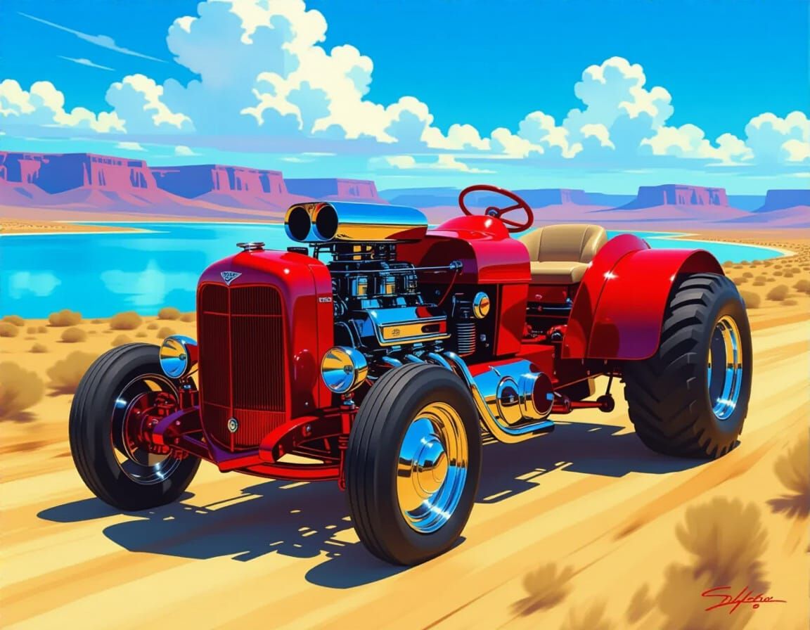 Shiny Red Hotrod Tractor Engine in Desert Landscape