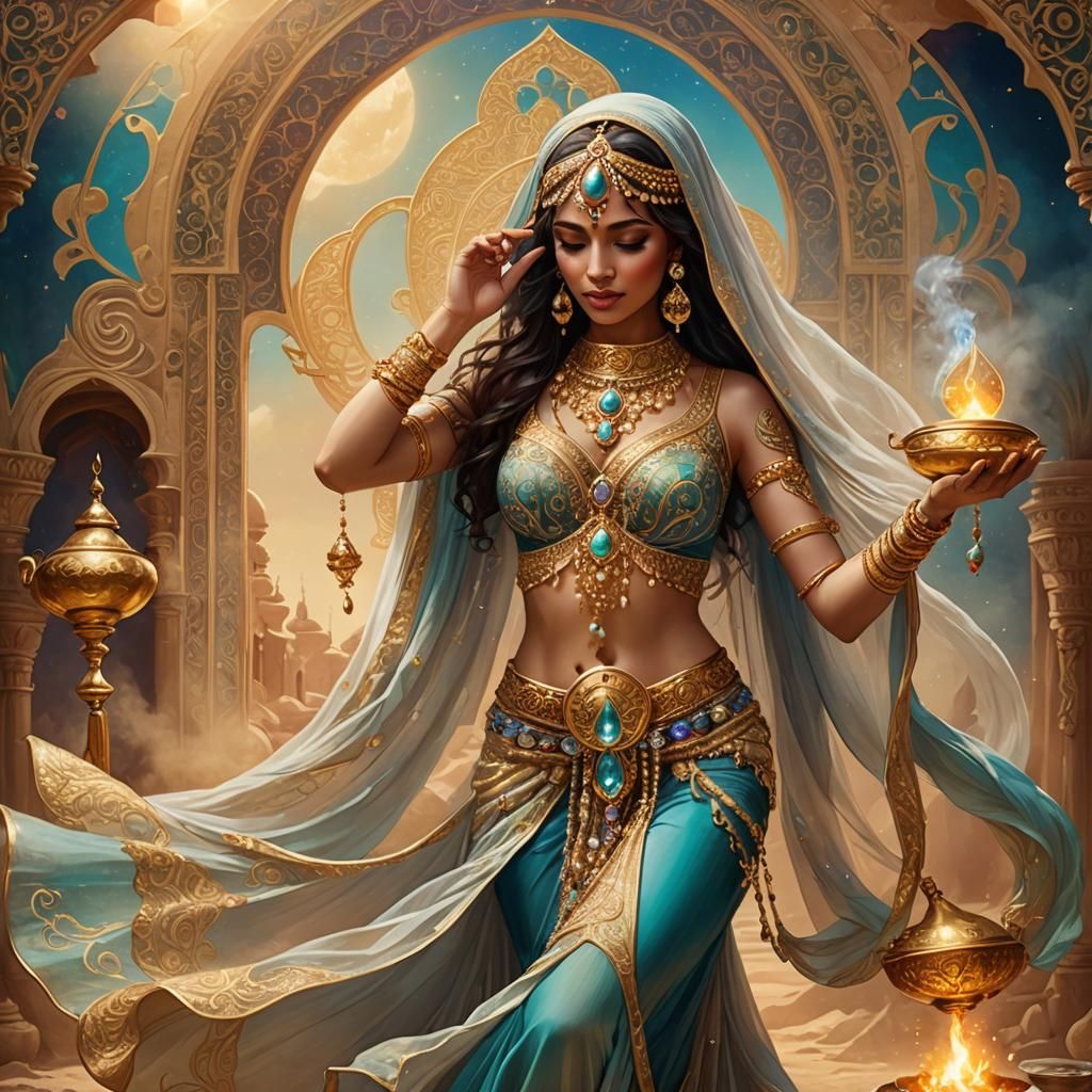 Art Nouveau Bellydancer with Genie in Oasis