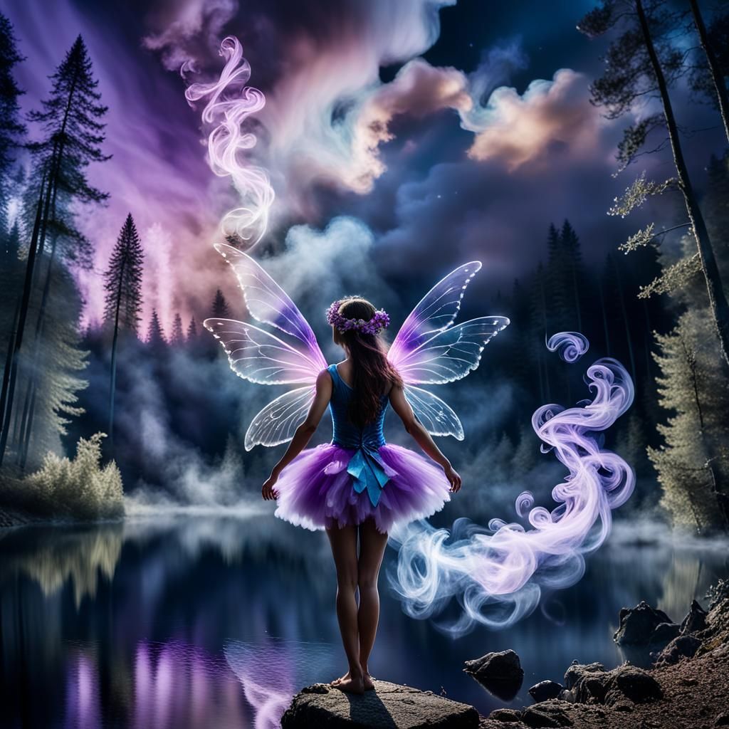 Ethereal Smoke Fairy in Moonlit Forest, Steampunk Style