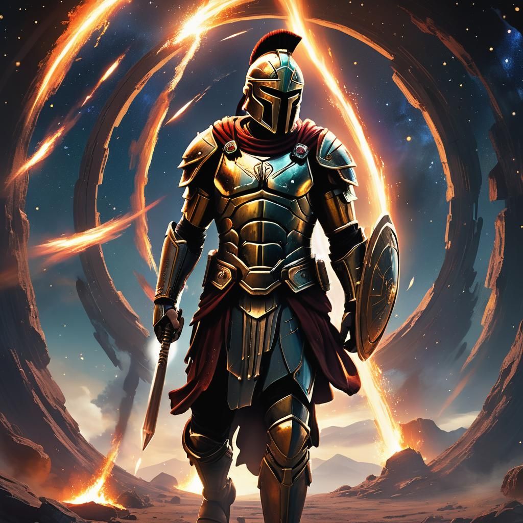 Spartan Warrior Enters Portal in Anime Style
