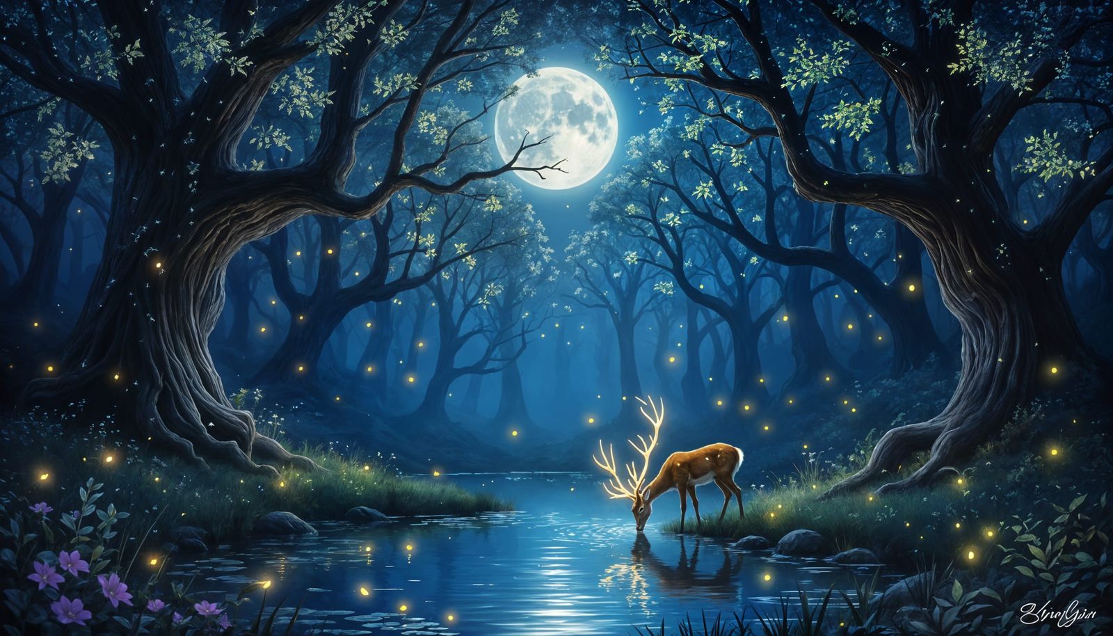 Magical Forest Night Painting with Moonlit Pond and Fairies