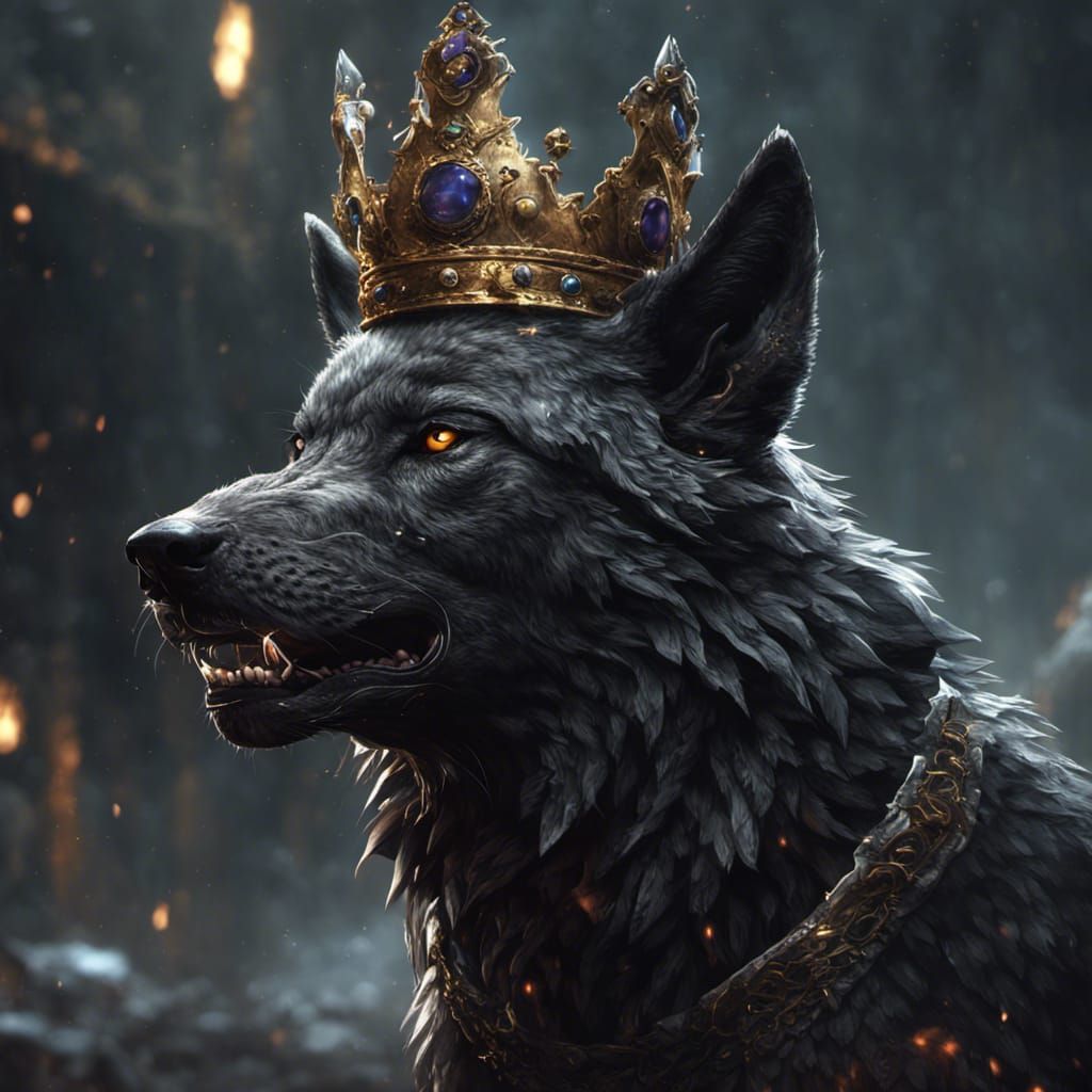 Crowned Black Wolf in Dark Fantasy Style