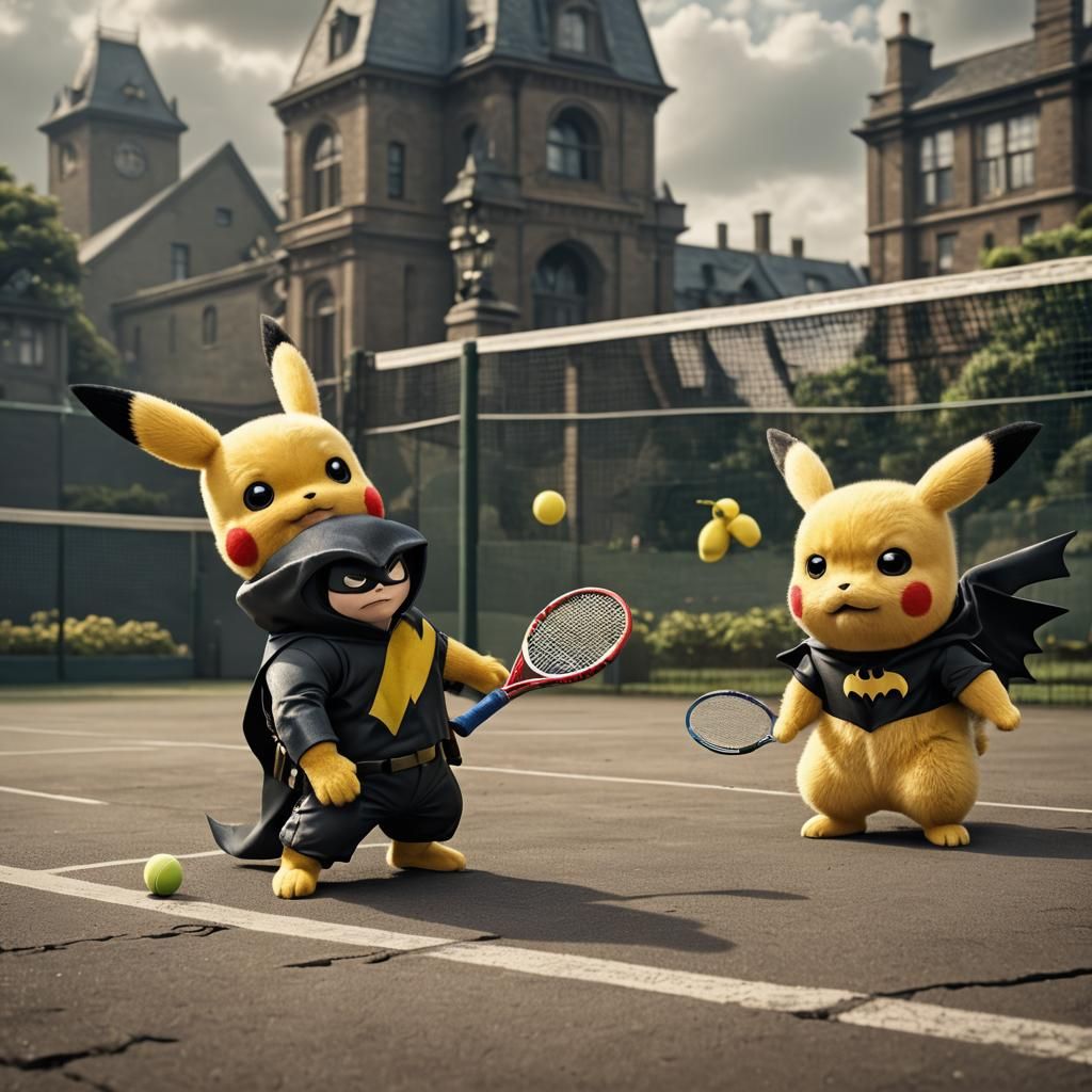 Pikachu and Chubby Batman Playing Tennis