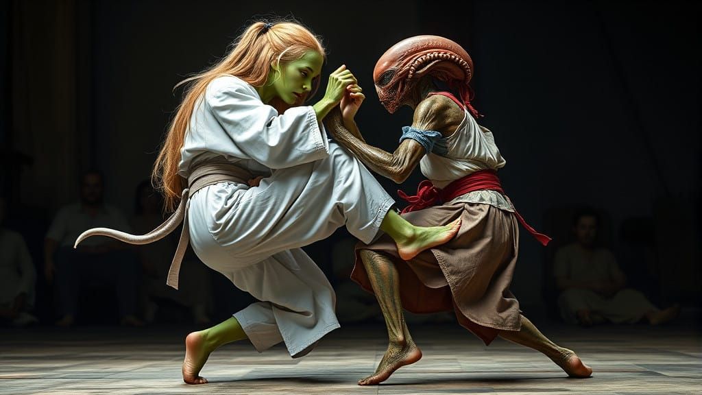 Barefoot Alien Judo Match in Rubens Style
