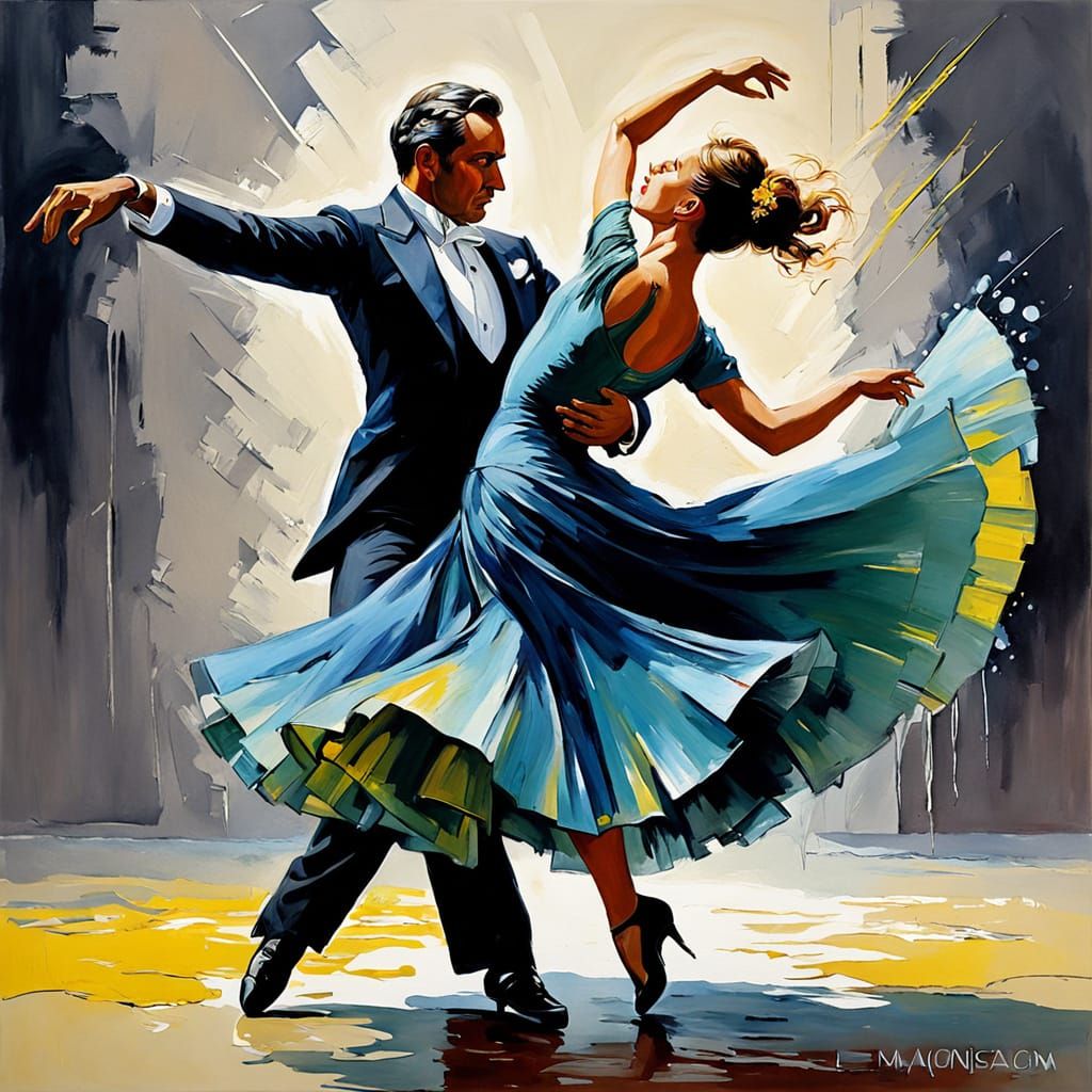 Tango Couple in Gouache Style with Watercolor Textures