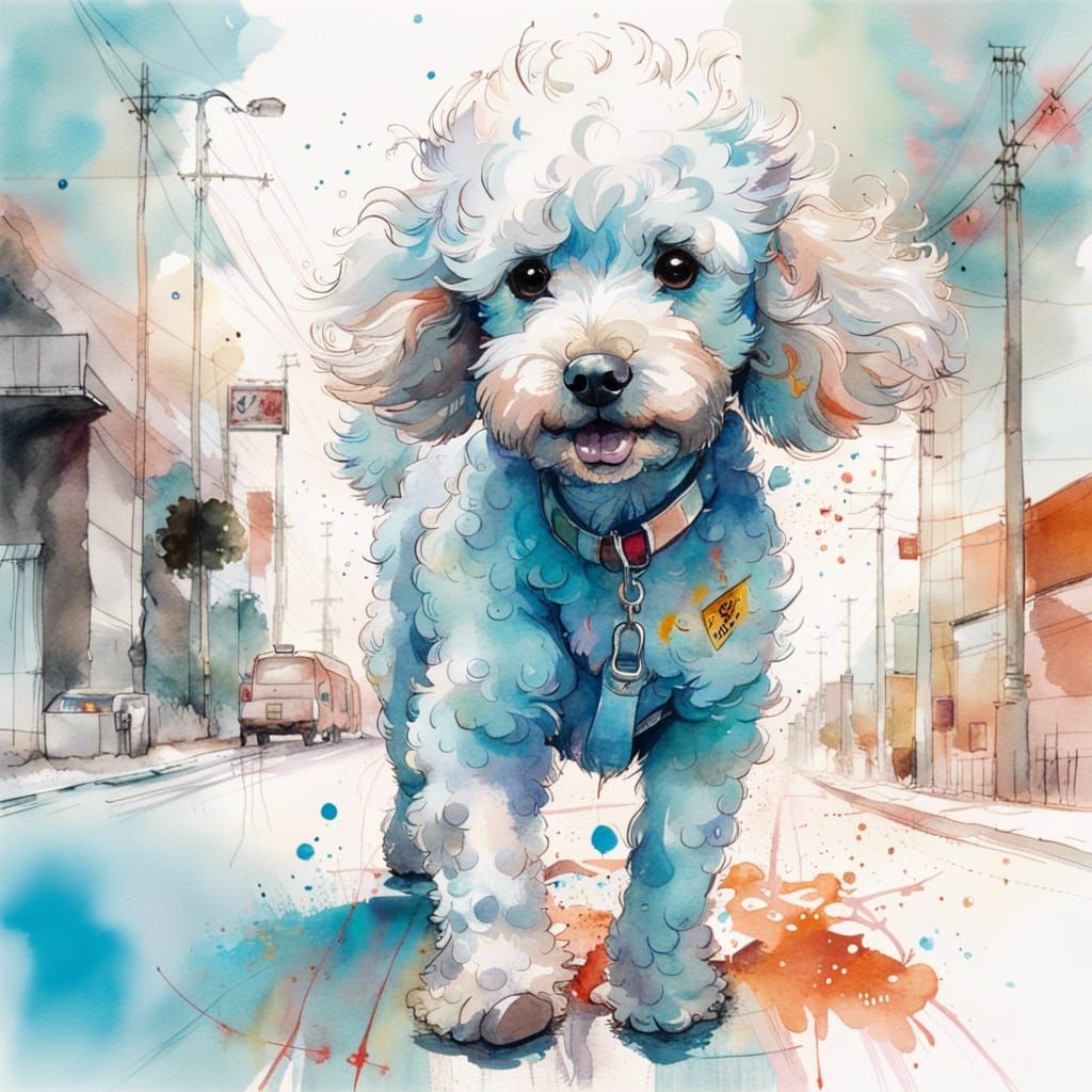 Anime Poodle Puppy Watercolor Portrait