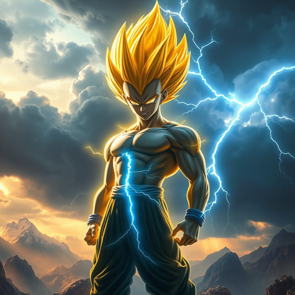 Majestic Super Saiyan Vegeta in Stormy Fantasy Landscape