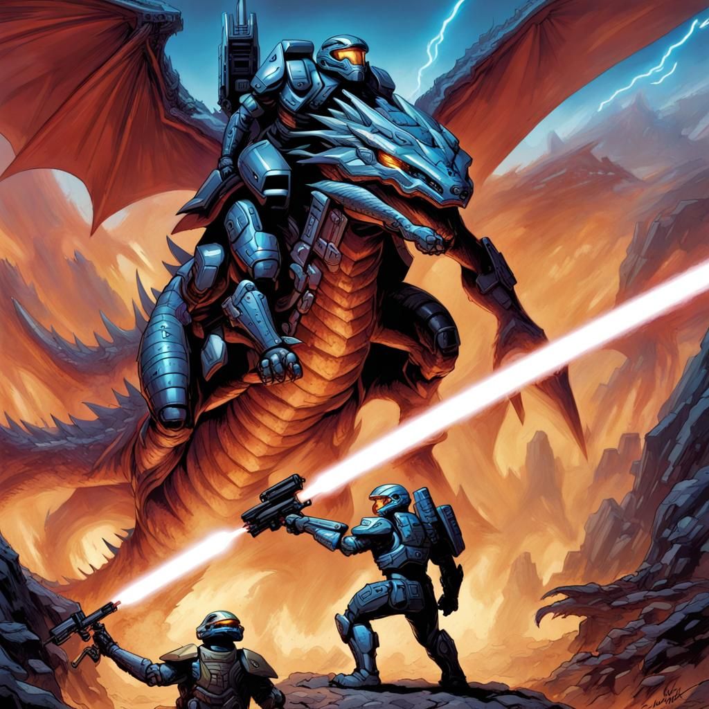Halo Spartan on Blue Eyes Dragon, Comic Art